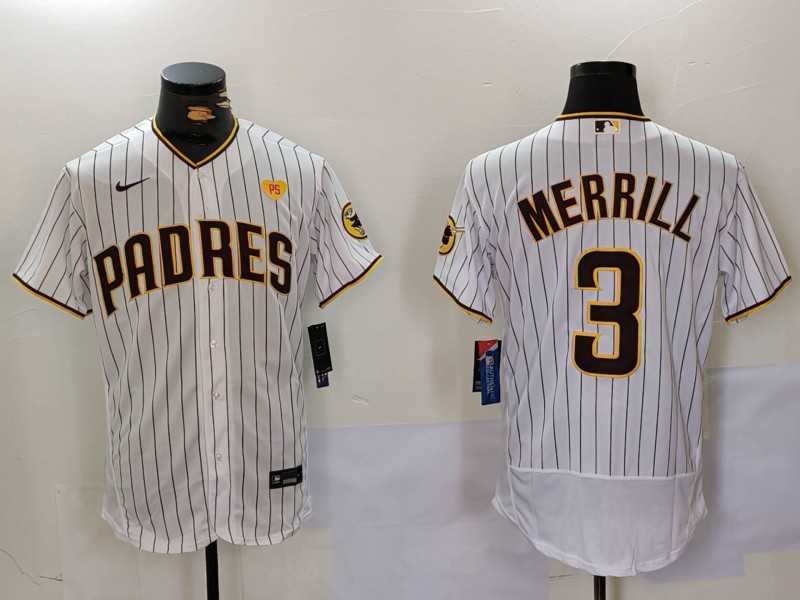 Men%27s San Diego Padres #3 Jackson Merrill White With PS Patch Stitched Flex Base Jersey